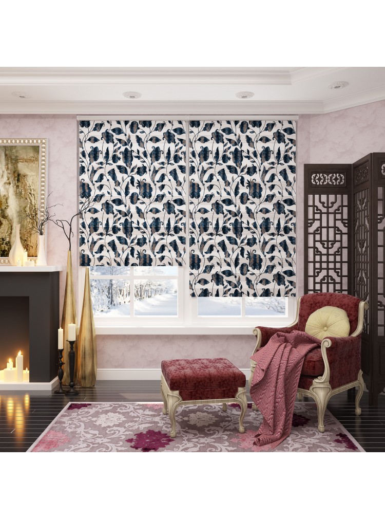 ZEBRA PERDE  MAVİ KAHVERENGİ ÇİÇEK MODELİ